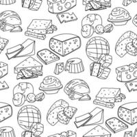 pattern of doodle cheeses of different types. texture illustration of cheeses in different positions, slicing, individual pieces, of dairy products. Popular cheeses with a thin black line vector