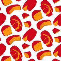 A pattern of triangular pieces of yellow cheese arranged on top of each other and covered with red wax. illustration of porous dairy products in a flat style. Texture of the food pieces vector