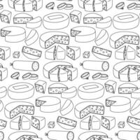 A doodle pattern of various triangular and round slices of cheese with holes in the wax. The texture of flat cheeses in different positions, slicing, individual pieces, seamless dairy products. vector
