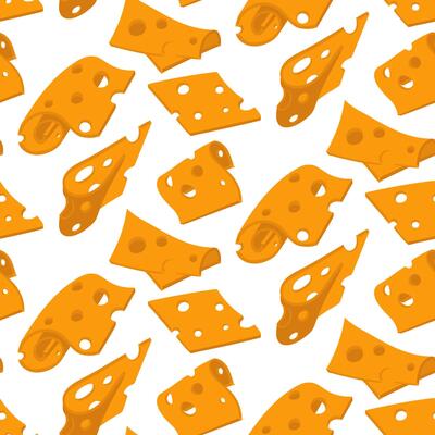 pattern of various thinly sliced slices of yellow cheese with holes. flat illustration of cheeses in different positions, in groups and individual slices, modern texture of pieces products.