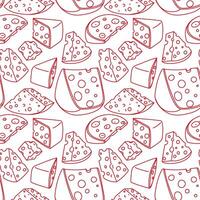 A doodle pattern of various triangular, square, round slices of porous cheese. A thin red line of cheese in different positions, individual slices, the modern texture of pieces of dairy products vector