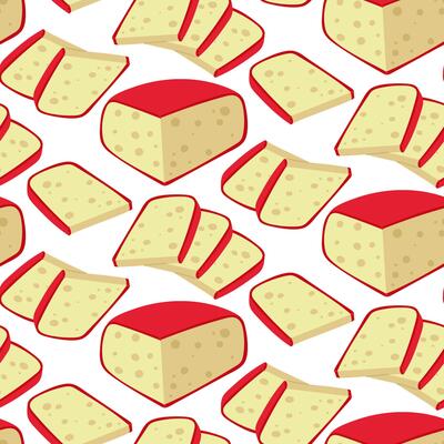 pattern of gouda cheese slices with a thin flat slice and triangular pieces, cheese in red wax package. Texture triangular slice with slicing on a white background for illustration for tasting
