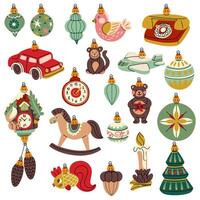 A set of Soviet Christmas tree toys of various objects and shapes. Glass toys. Illustration in vintage tones of forest motifs, objects. Festive decor items for decorating the Christmas tree vector