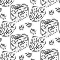 pattern of doodle cheese is Roquefort, gorgonzola or Stilton noble mold black lines on a white background. flat illustration of large piece of cheese with small pieces separated from the main one vector