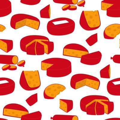 pattern of triangular pieces of yellow cheese arranged on top of each other, covered with red wax. illustration of porous dairy products in flat style. Texture of the pieces of dairy products