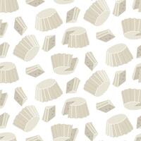 A pattern of ricotta cheese in a flat shape. In the form of a whole, incised and triangular piece. The texture of a dairy product, light cheese, highlighted on a white background. Pressed product vector