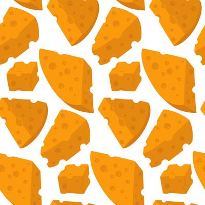 pattern of various cubes and triangular pieces of yellow cheese with holes. a flat illustration of cheeses in different positions, in groups and individual slices, texture of pieces of dairy products.