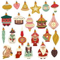 A set of Soviet Christmas tree toys of various objects, animals, and people. Glass toys. Illustration in vintage tones of forest motifs, objects. Festive decor items for decorating the Christmas tree vector