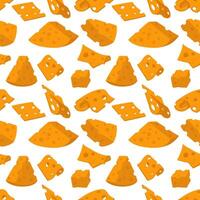 pattern of various thinly sliced slices and triangular pieces of yellow cheese with holes. flat illustration of cheeses in different positions, individual slices, texture of pieces of dairy products. vector