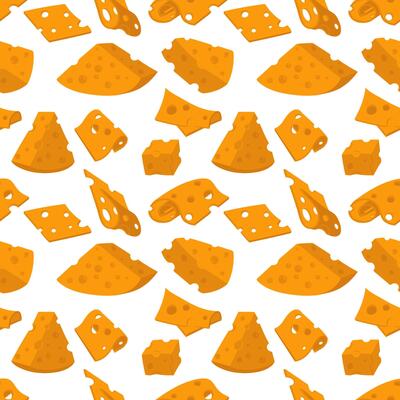 pattern of various thinly sliced slices and triangular pieces of yellow cheese with holes. flat illustration of cheeses in different positions, individual slices, texture of pieces of dairy products.