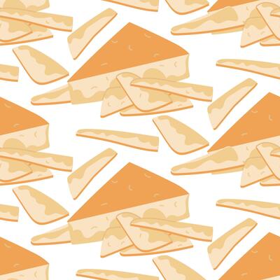 pattern of a triangular piece of parmesan cheese, cut into thin slices. A triangular slice of cheese. Hard, delicious cheese. This is a separate type of dairy product. Texture illustration on a white
