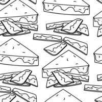 A doodle pattern of triangular pieces of parmesan cheese, thin slices. Solid, delicious contour-style cheese. The texture is a seamless kind of dairy product. illustration on white vector