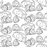A pattern of doodles depicting various pieces of Feta cheese. A whole piece of pressed dairy product with sliced pieces. Greek curd cheese made from dairy products has a seamless texture vector