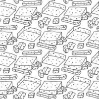 doodle pattern of various pieces of feta cheese on white. a whole piece in various cutting options. Divide cheese into rectangles, cubes, slices. Texture Greek curd cheese with a black contour, made vector