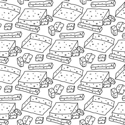 doodle pattern of various pieces of feta cheese on white. a whole piece in various cutting options. Divide cheese into rectangles, cubes, slices. Texture Greek curd cheese with a black contour, made