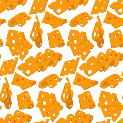 A pattern of various thinly sliced slices of yellow cheese with holes. flat illustration of cheeses in different positions, in groups and individual slices, modern texture of pieces of dairy