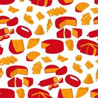 pattern of triangular pieces and thin slices of yellow cheese arranged on top of each other and covered with red wax. illustration of porous dairy products in flat style. Texture of the pieces vector