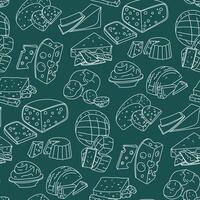A pattern of doodle cheeses of different types. texture illustration of cheeses in different positions, slicing, individual pieces, collection of dairy products. White line on blue, seamless vector
