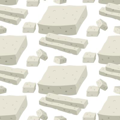 pattern of flat pieces of feta cheese, on white. A whole piece, a rectangle, a cube of pressed dairy product, sliced and diced. White Greek curd cheese made from milk. Texture for the dairy food menu