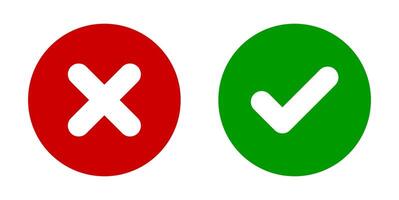 Green check mark and red cross icon, confirm and deny icons, set of right and wrong simple web buttons isolated on white background vector