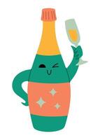 Champagne bottle and glass, funny Christmas character. Isolated illustration for New Year design. vector