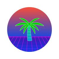 Vaporwave Palm Tree with Neon Grid and Gradient Sunset on Checkered Background vector
