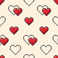 Seamless pattern with red pixel icons hearts on beige background, 8 bit, retro, pixel art. vector
