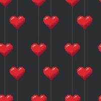 A seamless pattern featuring classic red pixel heart icons on a dark background, designed in 8-bit retro pixel art style. Perfect for nostalgic and gaming-themed projects. vector