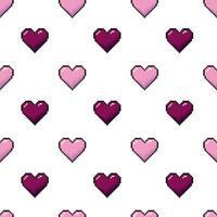 A seamless pattern featuring pink pixel hearts on a white background, designed in 8-bit retro style. Perfect for Valentine's Day backgrounds and themed projects. vector