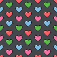 Seamless pattern with multicolored pixel hearts on a white background. 8 bit illustration. vector