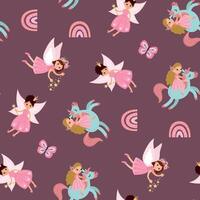 Magical Seamless Pattern with Fairies, Unicorn. Design for fabric, textile, wallpaper, packaging, nursery vector