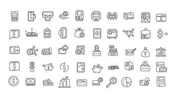 Business and finance editable stroke line 50 icon set with money, bank, check, law, auction, exchance, payment, wallet, deposit, piggy, calculator, web and more isolated outline thin symbol vector