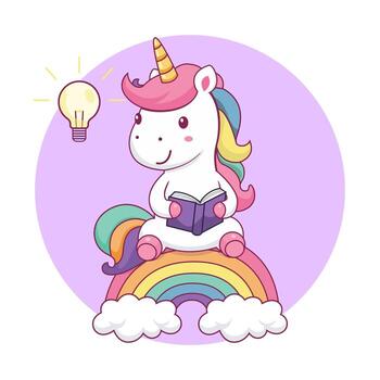 Cute unicorn reading a book and getting ideas or knowledge vector