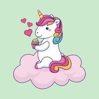 Cute Unicorn Sitting on The Cloud and Eating a Cake vector