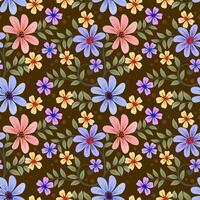 Cute colorful flowers on brown color background seamless pattern. vector