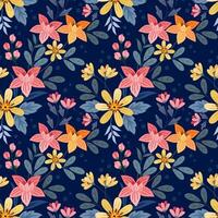 Colorful flowers design on blue color background seamless pattern. vector