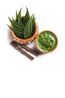 A bowl of green paste with a stick and a leaf photo