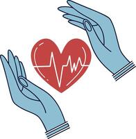 An icon featuring two gentle hands cupping a heart, symbolizing care and compassion. The hands are a soft blue, and the heart is red, with a faint pulse line. vector