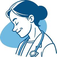 A simple, friendly icon representing a doctor face with a stethoscope hanging around the neck. The figure has a slight smile, with blue and white coloring for a comforting feel. vector
