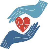 An icon featuring two gentle hands cupping a heart, symbolizing care and compassion. The hands are a soft blue, and the heart is red, with a faint pulse line. vector