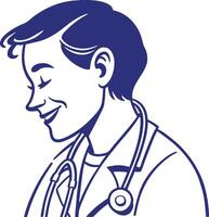 A simple, friendly icon representing a doctor face with a stethoscope hanging around the neck. The figure has a slight smile, with blue and white coloring for a comforting feel. vector