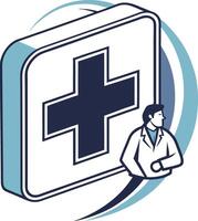 A modern minimalist medical icon featuring a medical cross symbol with soft, rounded edges. The cross is centered, with a gradient from light blue to dark blue. vector