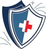 A sleek icon featuring a shield with a medical cross symbol in the center. The shield is a deep blue, symbolizing protection, with a soft gradient, and the cross is in bright white. Medical icon. vector