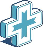 A modern minimalist medical icon featuring a medical cross symbol with soft, rounded edges. The cross is centered, with a gradient from light blue to dark blue. vector