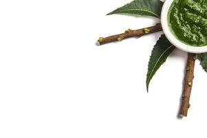 Medicinal Neem leaves with paste in bowl and twigs on white background photo