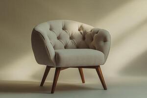 Chic modern chair with button tufts and angular wooden legs isolated photo