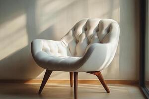 Chic modern chair with button tufts and angular wooden legs isolated photo
