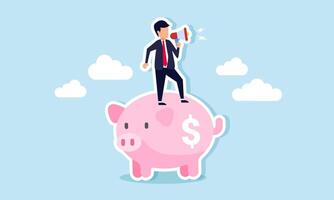 A businessman speaks through a megaphone on top of a piggy bank, illustrating a broadcast and education on investment awareness vector