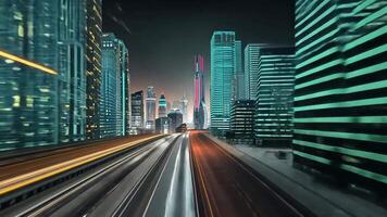 Animé grattes ciels orné avec vibrant néon lumières crevaison le foncé ciel, création une fascinant paysage urbain cette incarne le essence de cyberpunk. video