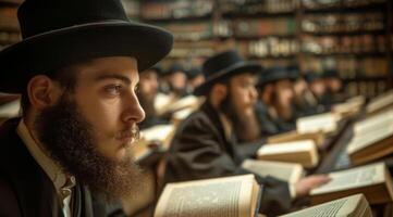 Yeshiva religious students study Talmud and Torah from sacred jewish books. Faith and dedication photo